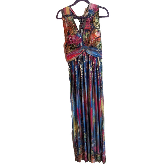Miss California Multi Metallic Pattern Halter Slinky Maxi Dress Large C2 Resort - Picture 1 of 8